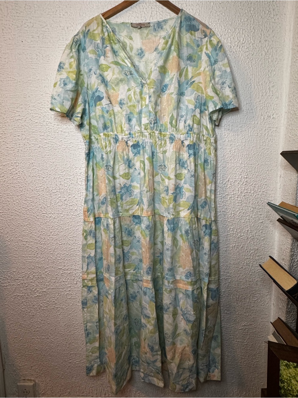 Floral V-Neck Linen Blend Cottagecore Maxi Dress in Pastel Blue & Green